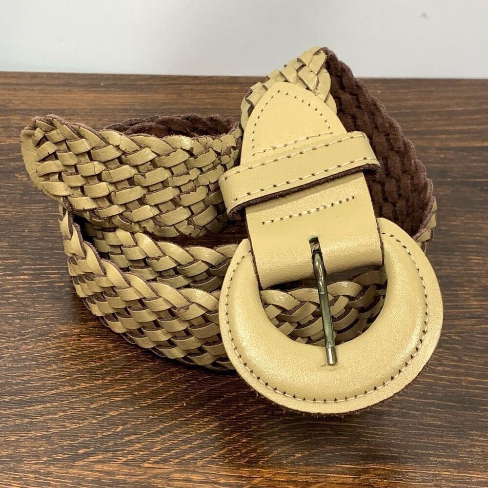 Women's Braided Single Prong Covered Buckle Genuine Leather Belt Tan Size S/M